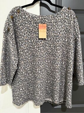 Boatneck Leopard Print Sweater with Shoulder Buttons - Gray